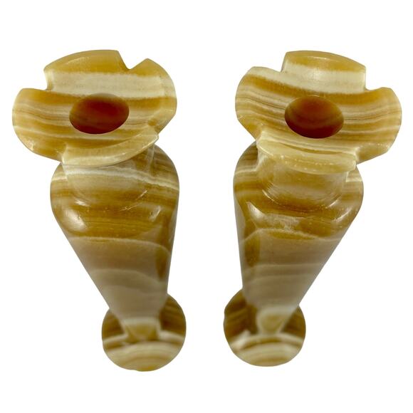 Vintage Egyptian Alabaster Marble Onyx Vases Candle Holders Set of 2 Handmade - Picture 5 of 13